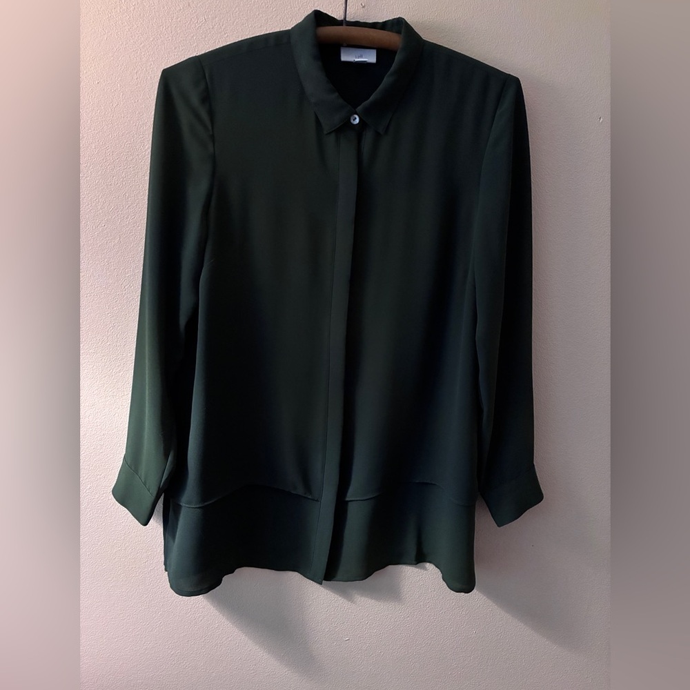 J. Jill Dark Green Long-Sleeve Tunic Blouse, size petite small, 27 1/2”length
